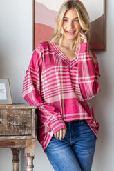 Plaid Drop Shoulder V-Neck T-Shirt Heimish Burgundy Multi S